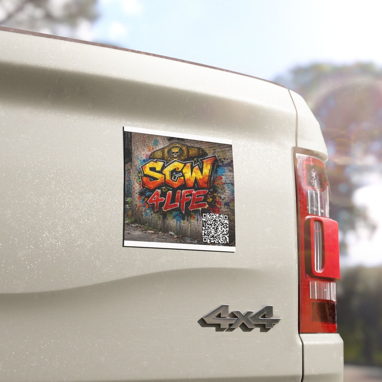 Square Car Magnet - 'SCW 4LIFE' Graffiti Logo with QR Code | Urban Street Art Magnet for Cars