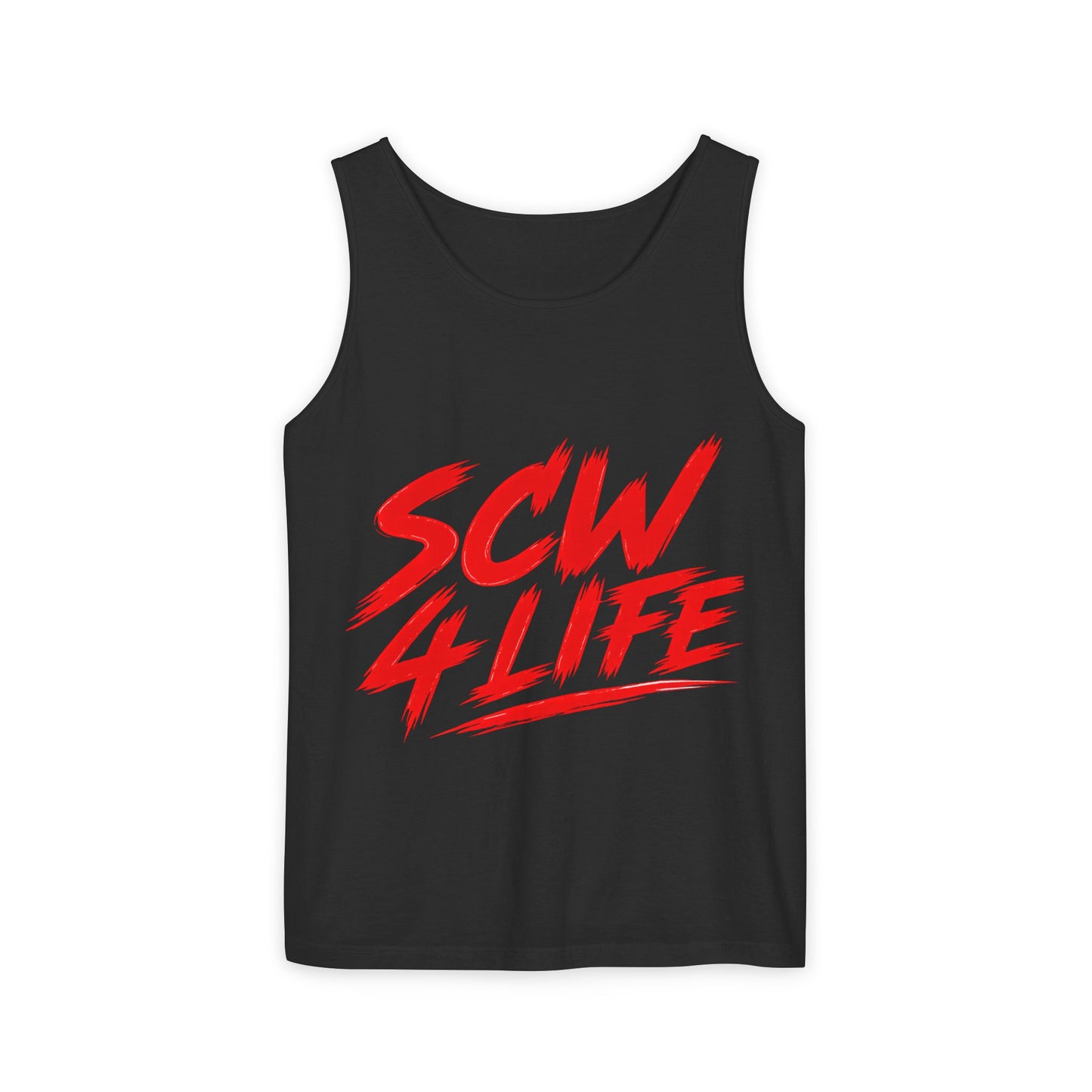 SCW 4 Life Tank Top — Bold Red Brush Script Front & "I’m Fucking Addicted and I Can’t Quit" Back