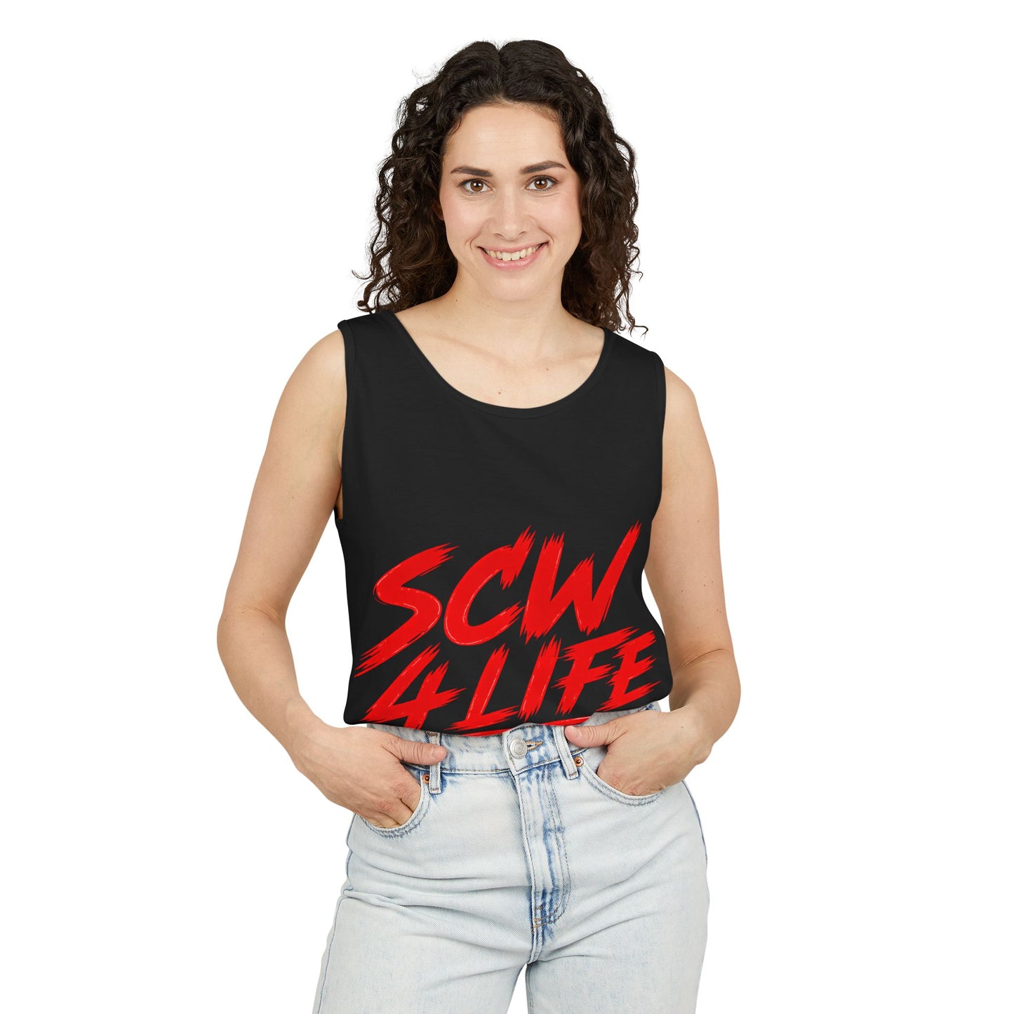 SCW 4 Life Tank Top — Bold Red Brush Script Front & "I’m Fucking Addicted and I Can’t Quit" Back