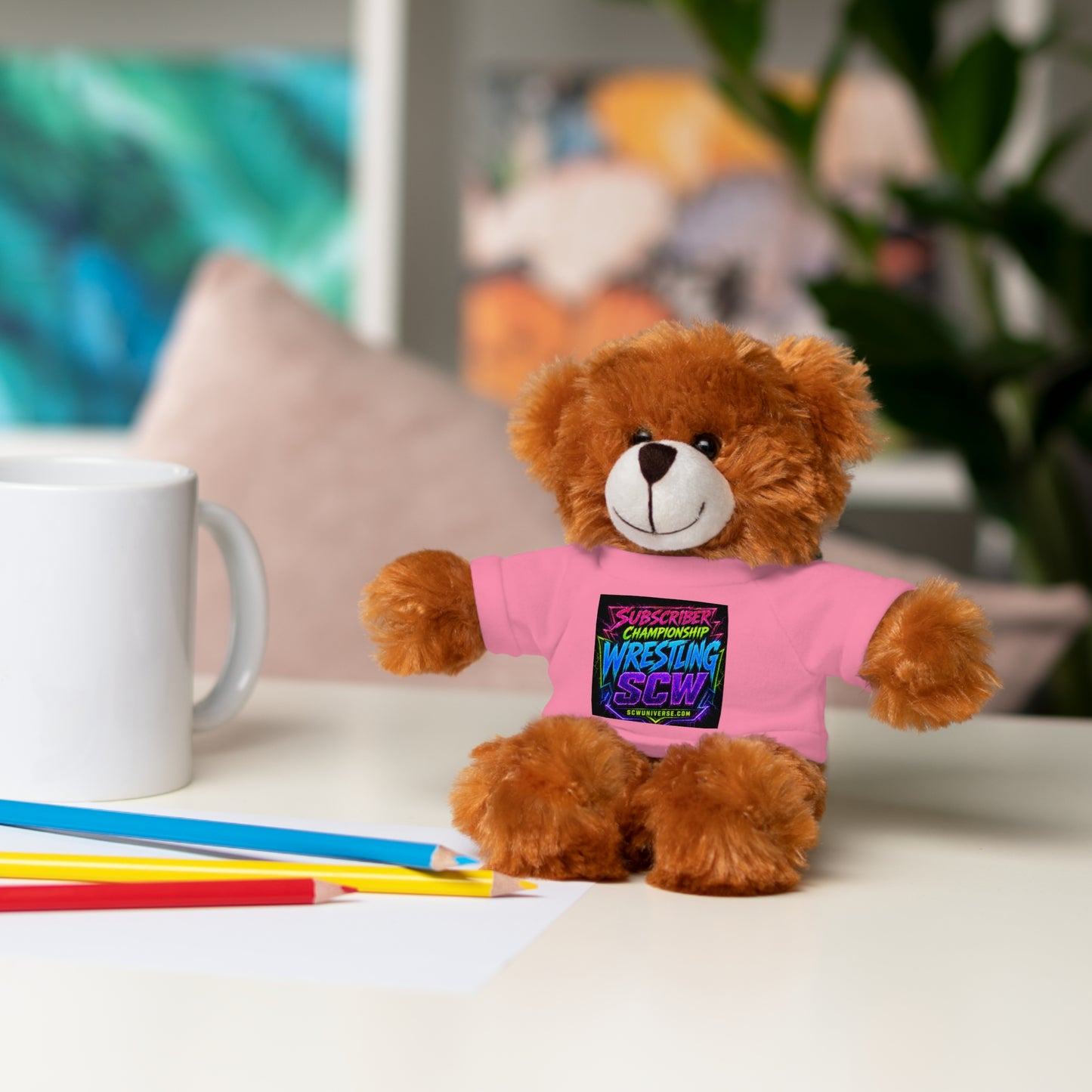 Wrestling Champion Plush Bear with Green Tee — 'Subscriber Championship Wrestling' Graphic