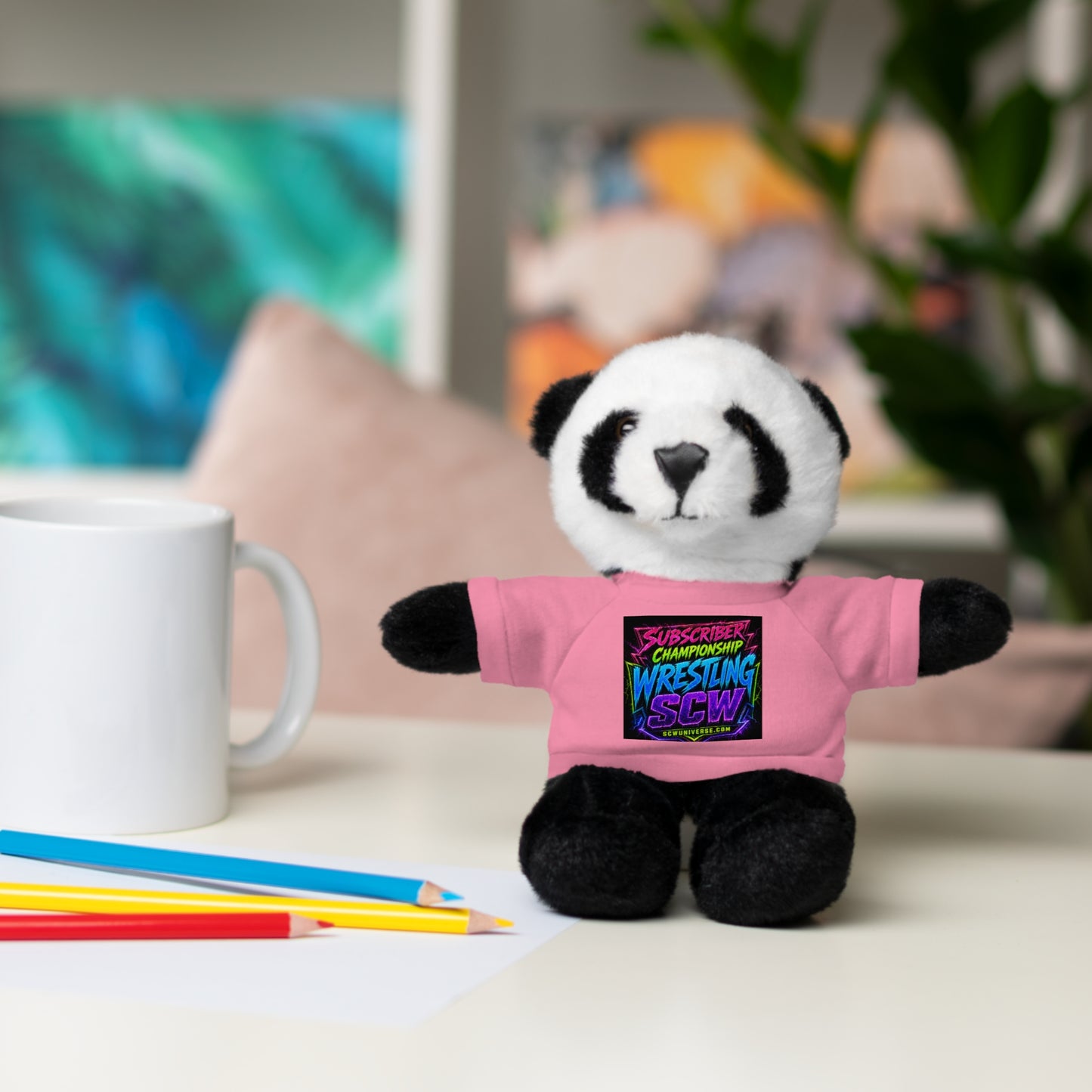 Wrestling Champion Plush Bear with Green Tee — 'Subscriber Championship Wrestling' Graphic