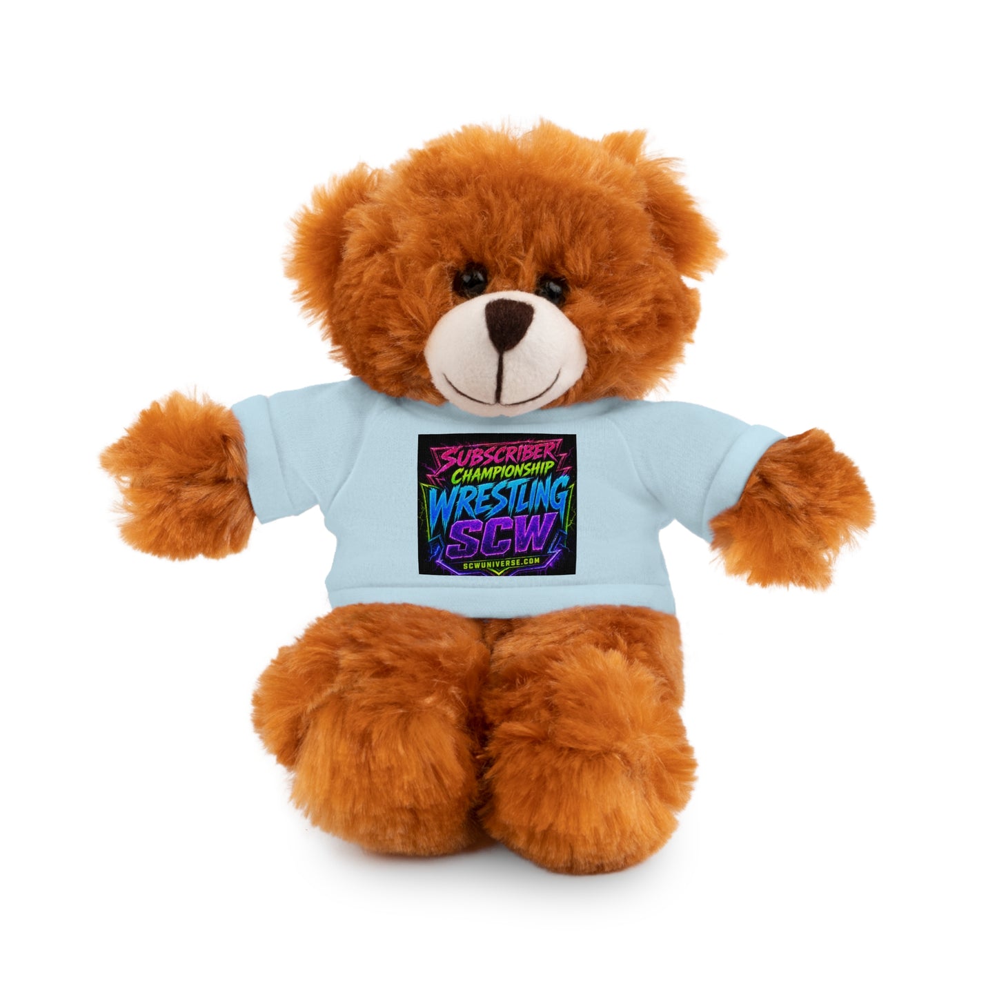 Wrestling Champion Plush Bear with Green Tee — 'Subscriber Championship Wrestling' Graphic