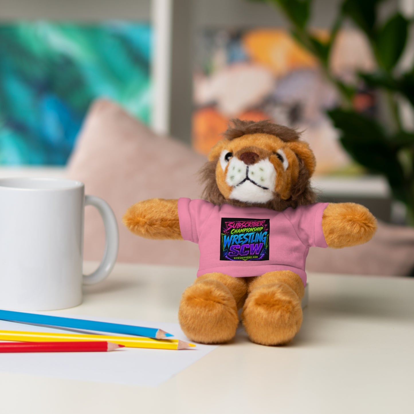 Wrestling Champion Plush Bear with Green Tee — 'Subscriber Championship Wrestling' Graphic
