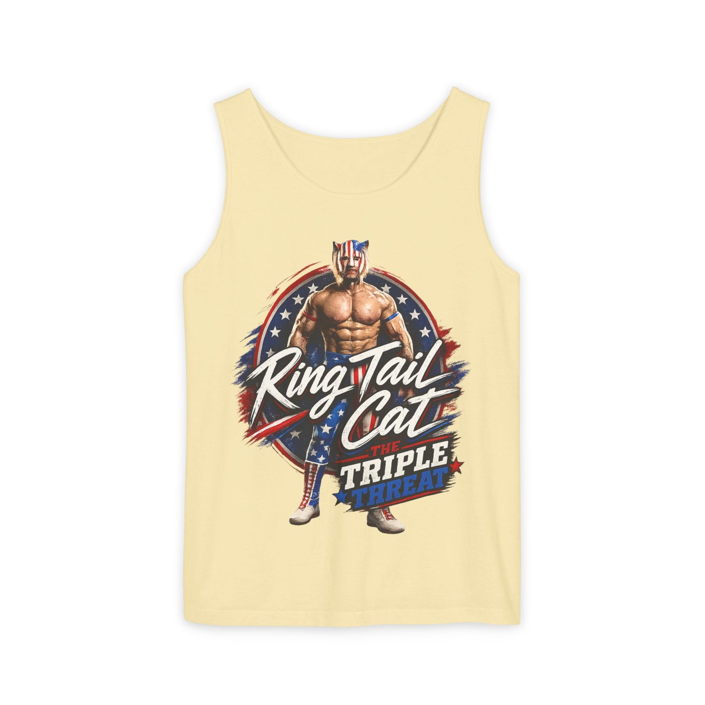 Wrestler 'Ring Tail Cat' Graphic Tank Top – Retro Patriotic Triple Threat Design