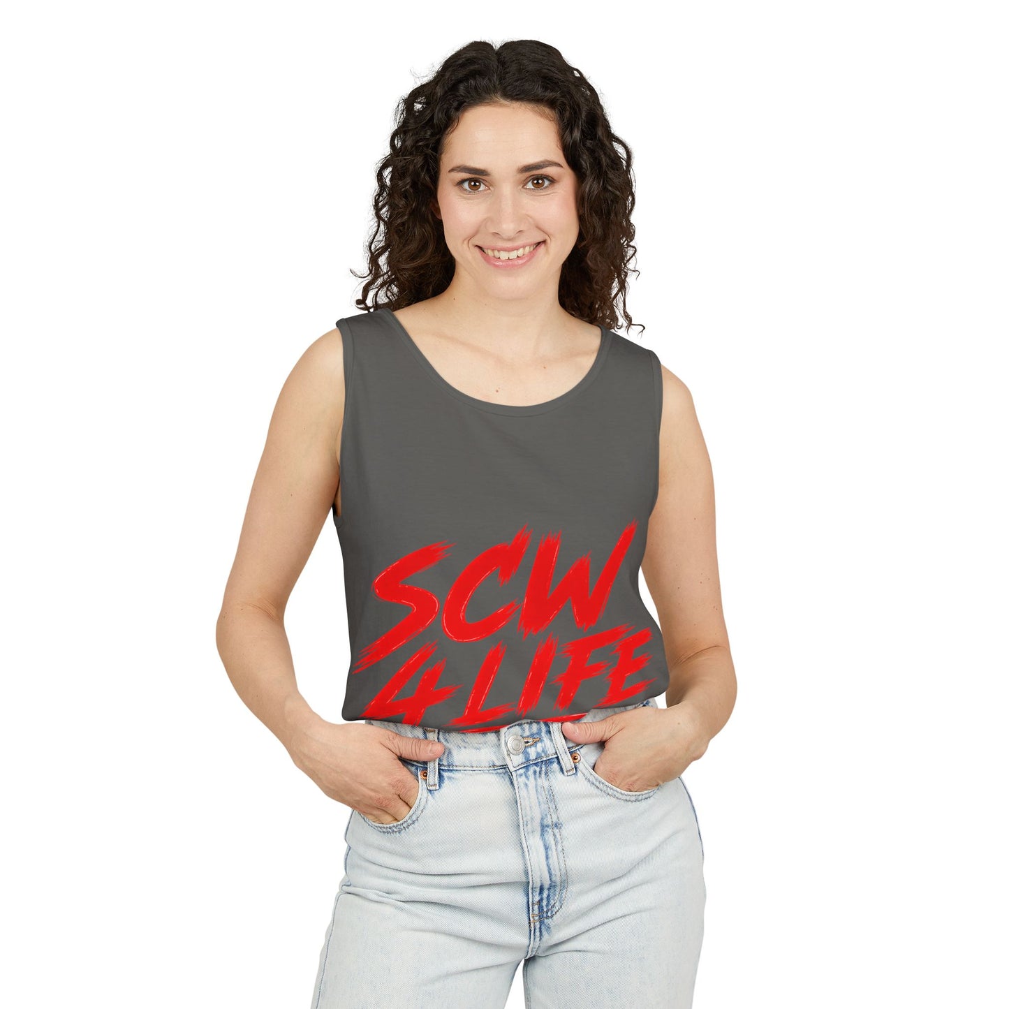 SCW 4 Life Tank Top — Bold Red Brush Script Front & "I’m Fucking Addicted and I Can’t Quit" Back