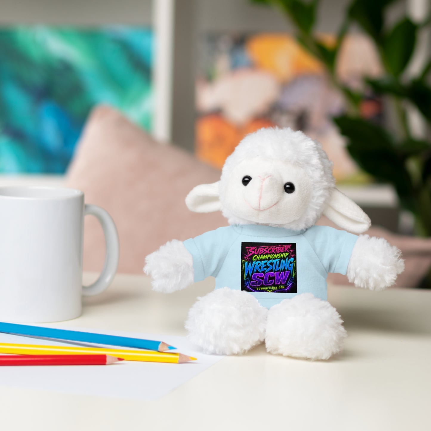 Wrestling Champion Plush Bear with Green Tee — 'Subscriber Championship Wrestling' Graphic