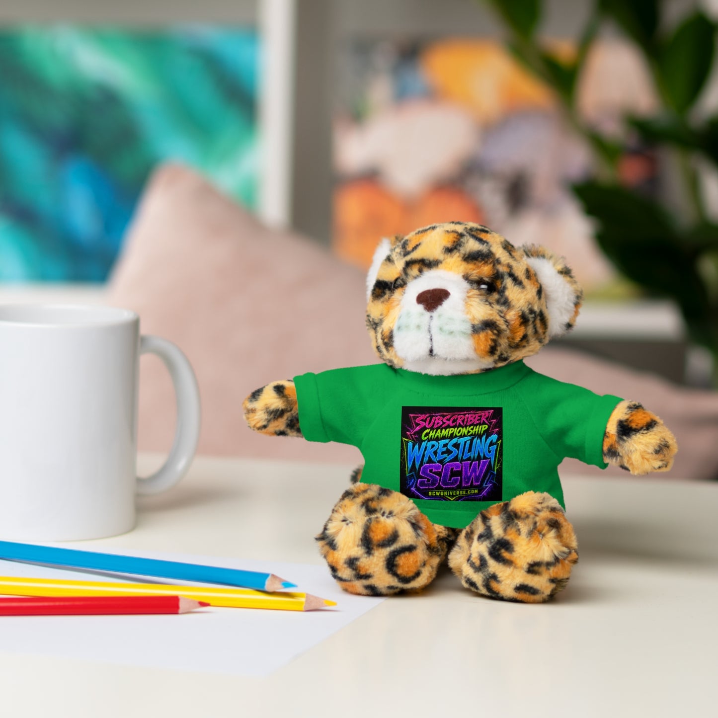 Wrestling Champion Plush Bear with Green Tee — 'Subscriber Championship Wrestling' Graphic