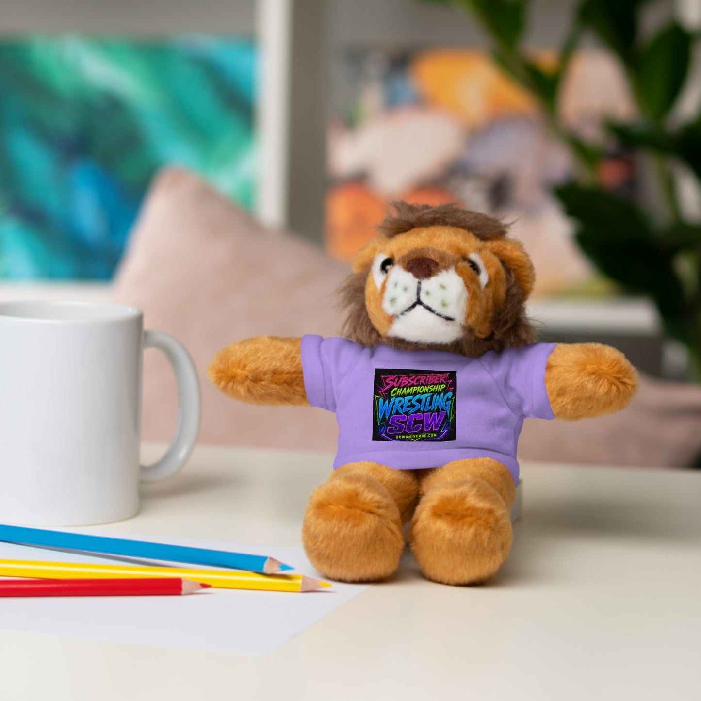 Wrestling Champion Plush Bear with Green Tee — 'Subscriber Championship Wrestling' Graphic