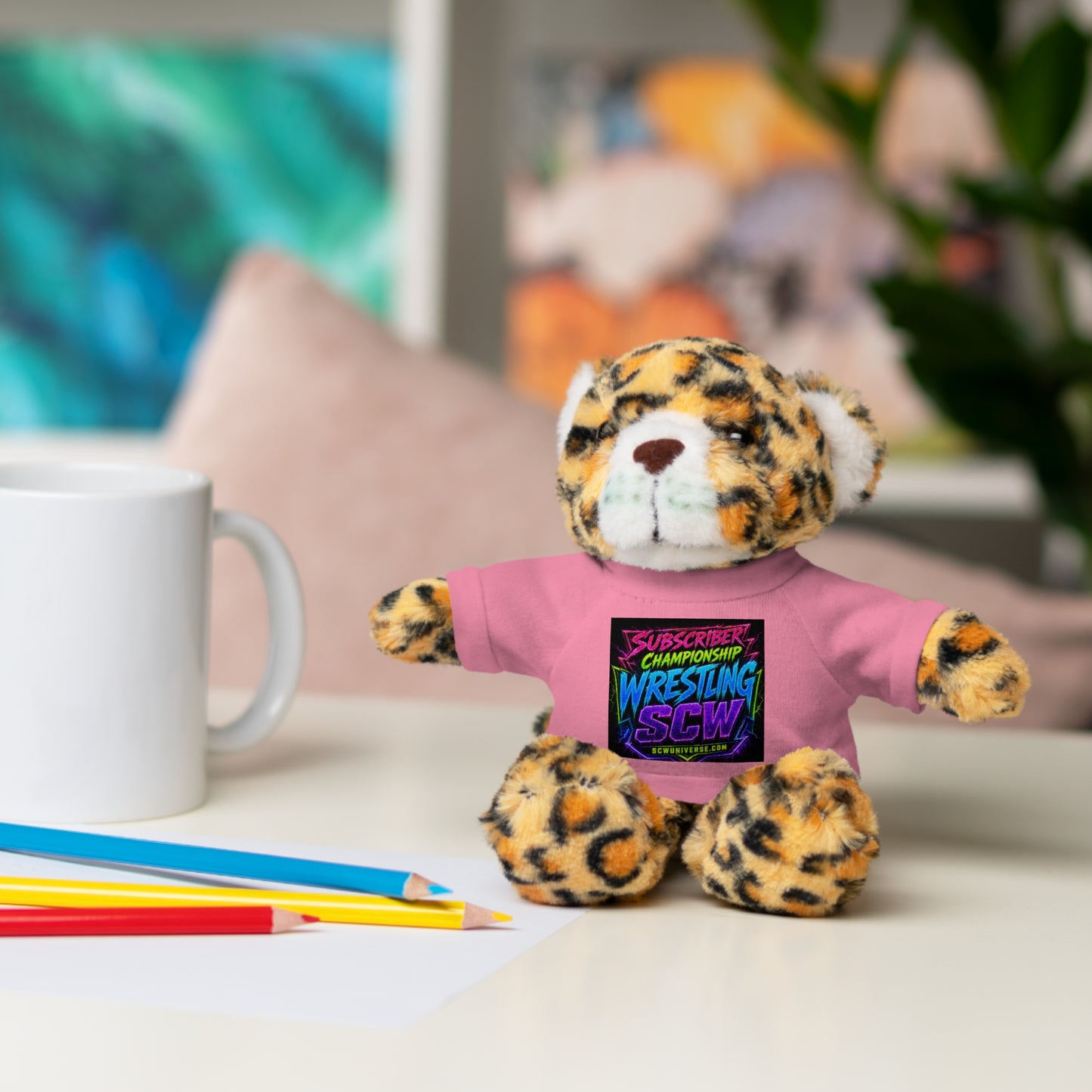 Wrestling Champion Plush Bear with Green Tee — 'Subscriber Championship Wrestling' Graphic