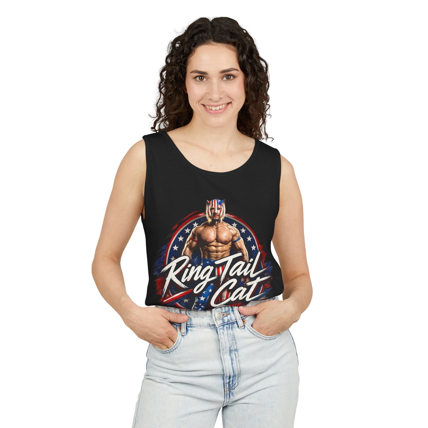 Wrestler 'Ring Tail Cat' Graphic Tank Top – Retro Patriotic Triple Threat Design