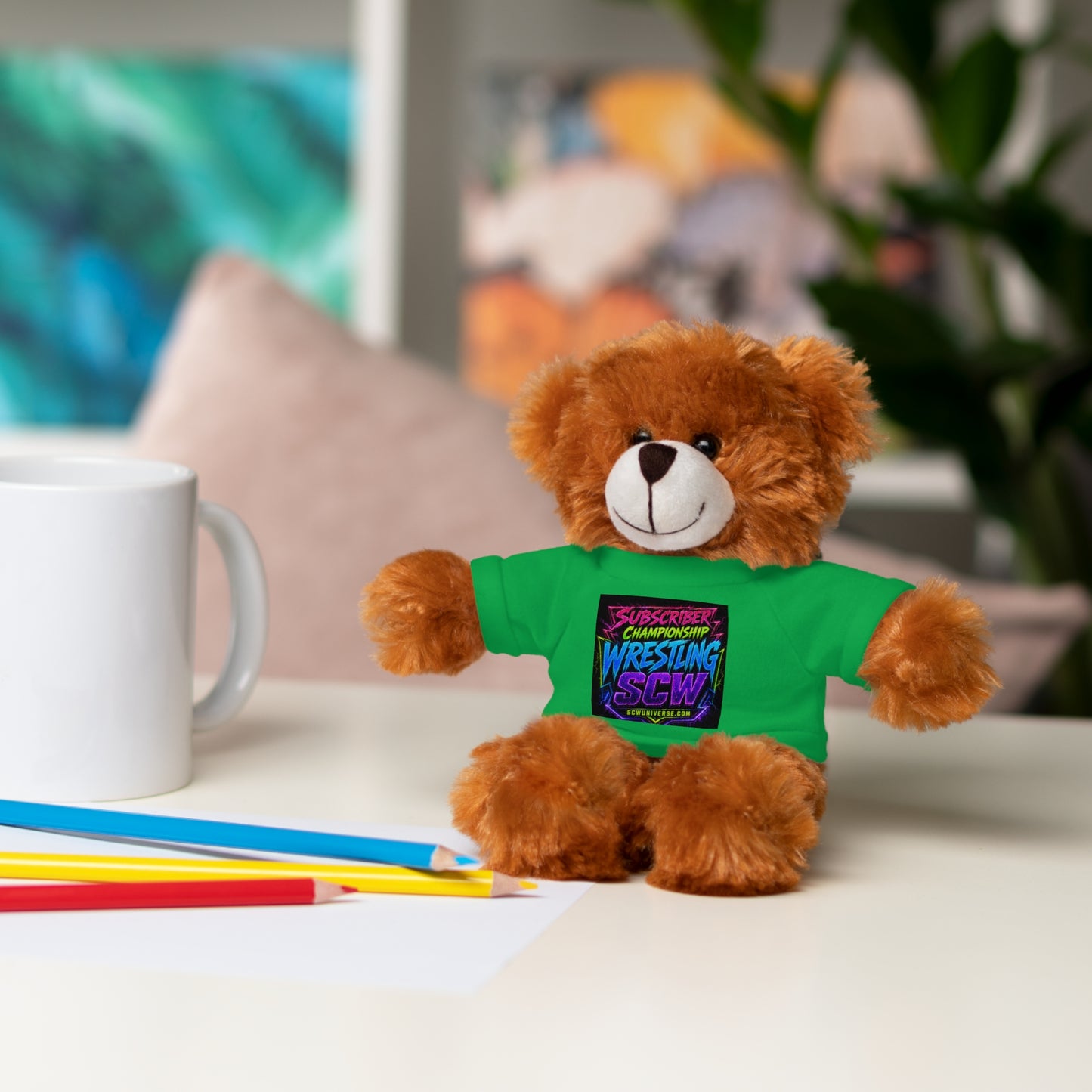 Wrestling Champion Plush Bear with Green Tee — 'Subscriber Championship Wrestling' Graphic