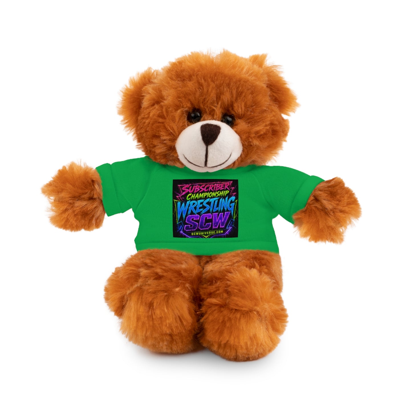 Wrestling Champion Plush Bear with Green Tee — 'Subscriber Championship Wrestling' Graphic