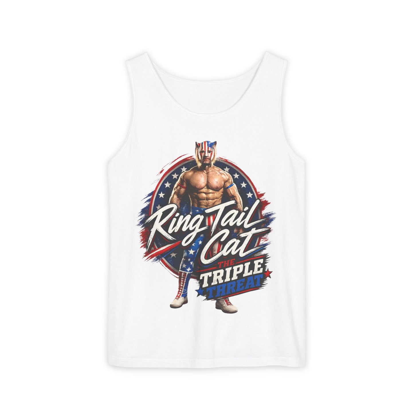 Wrestler 'Ring Tail Cat' Graphic Tank Top – Retro Patriotic Triple Threat Design