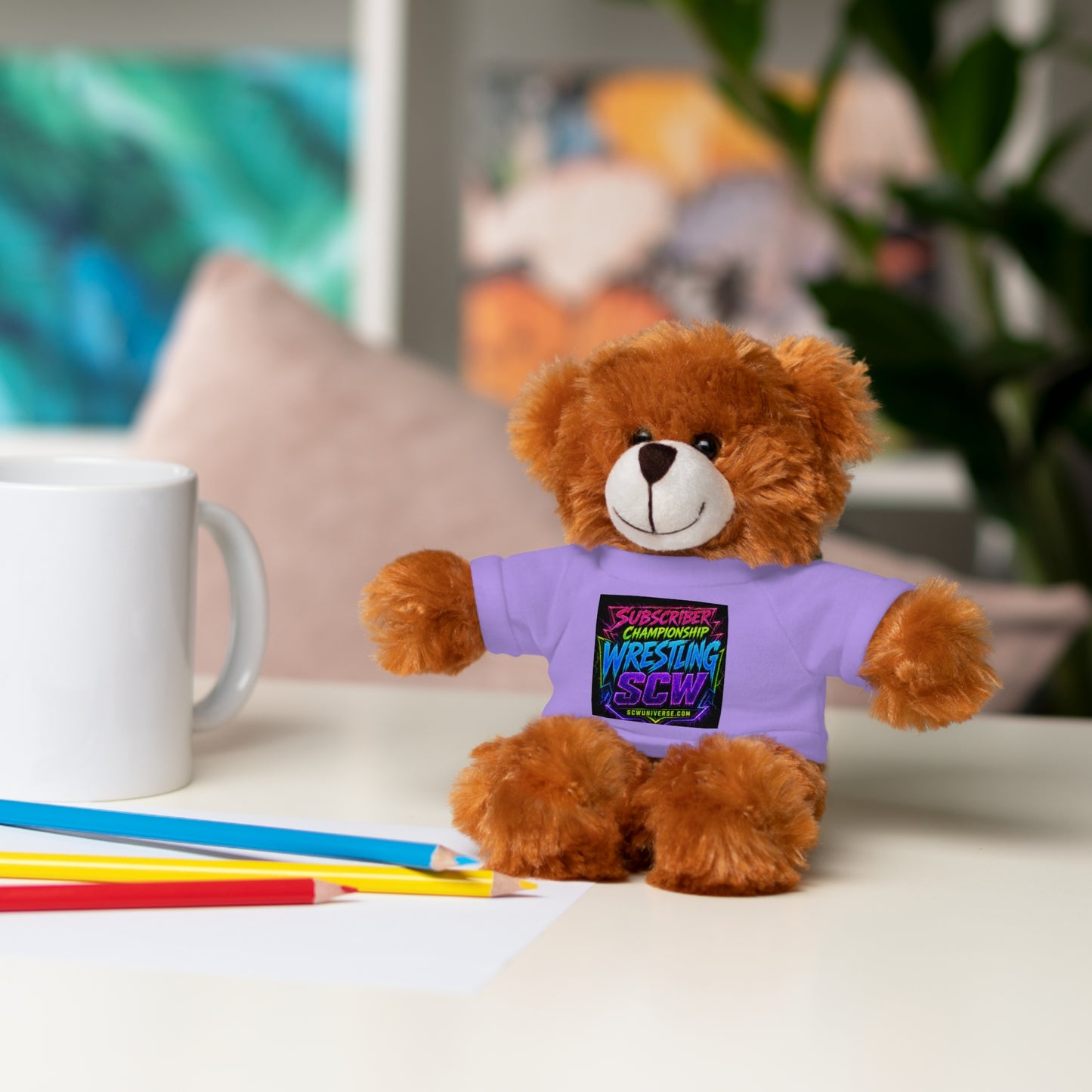 Wrestling Champion Plush Bear with Green Tee — 'Subscriber Championship Wrestling' Graphic