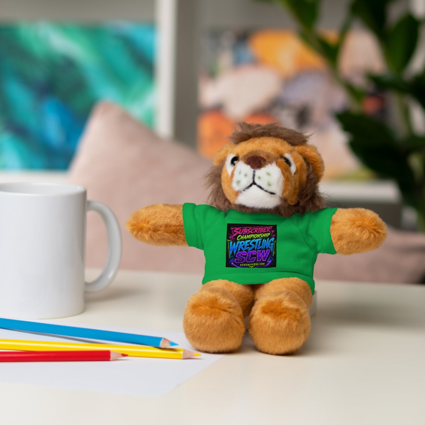 Wrestling Champion Plush Bear with Green Tee — 'Subscriber Championship Wrestling' Graphic