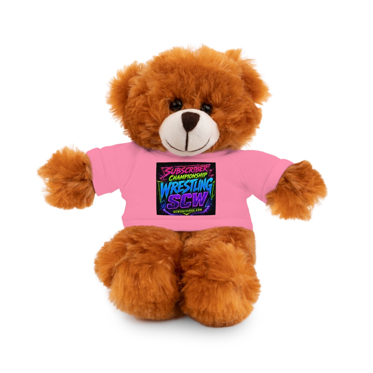Wrestling Champion Plush Bear with Green Tee — 'Subscriber Championship Wrestling' Graphic