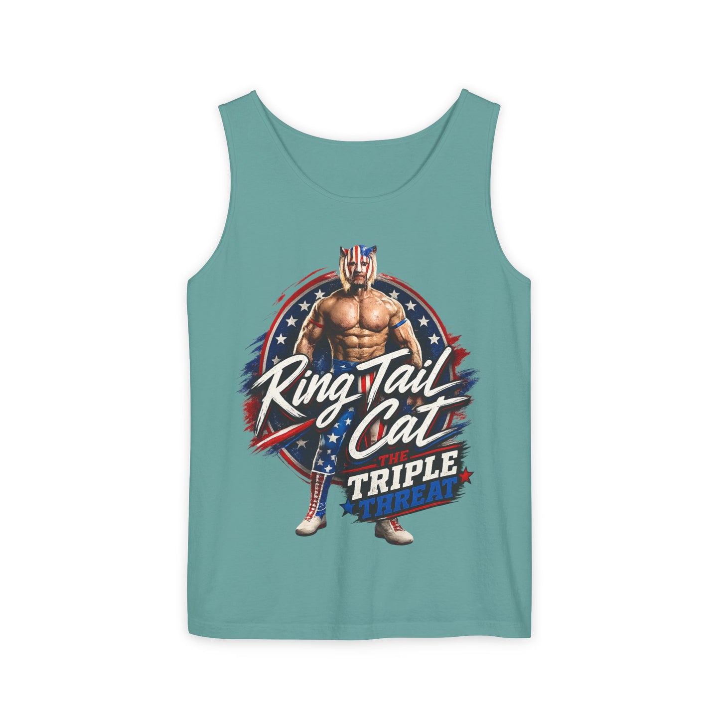 Wrestler 'Ring Tail Cat' Graphic Tank Top – Retro Patriotic Triple Threat Design