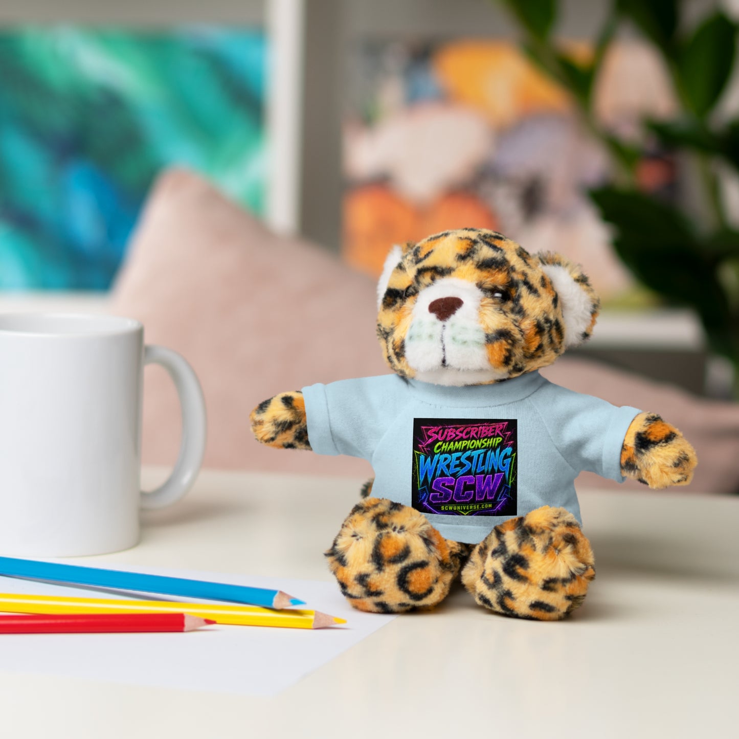 Wrestling Champion Plush Bear with Green Tee — 'Subscriber Championship Wrestling' Graphic