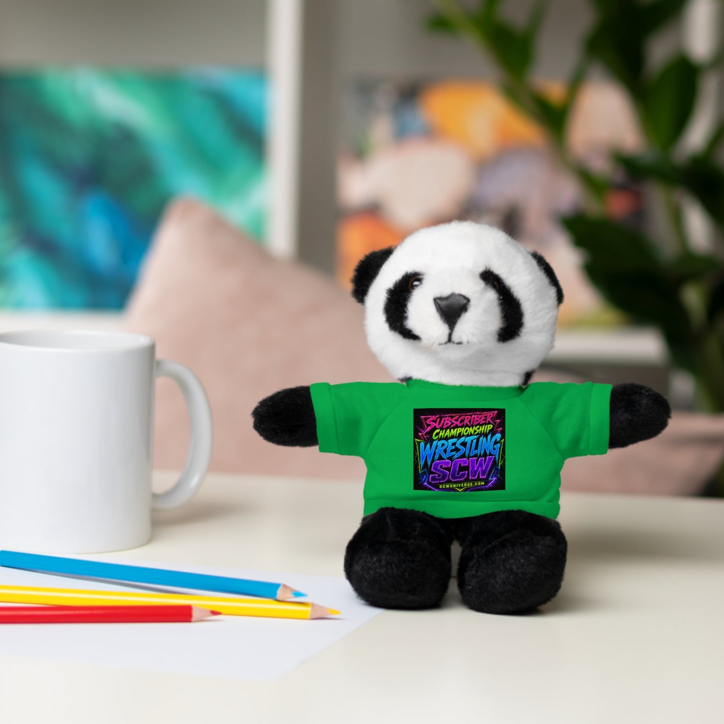 Wrestling Champion Plush Bear with Green Tee — 'Subscriber Championship Wrestling' Graphic