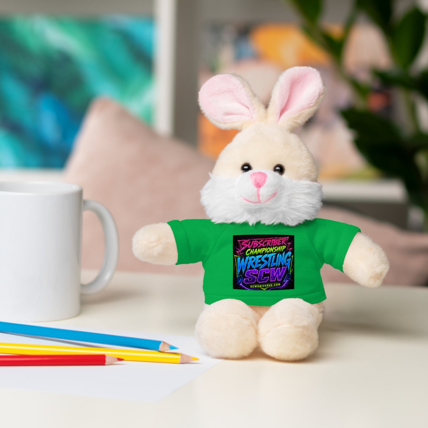 Wrestling Champion Plush Bear with Green Tee — 'Subscriber Championship Wrestling' Graphic