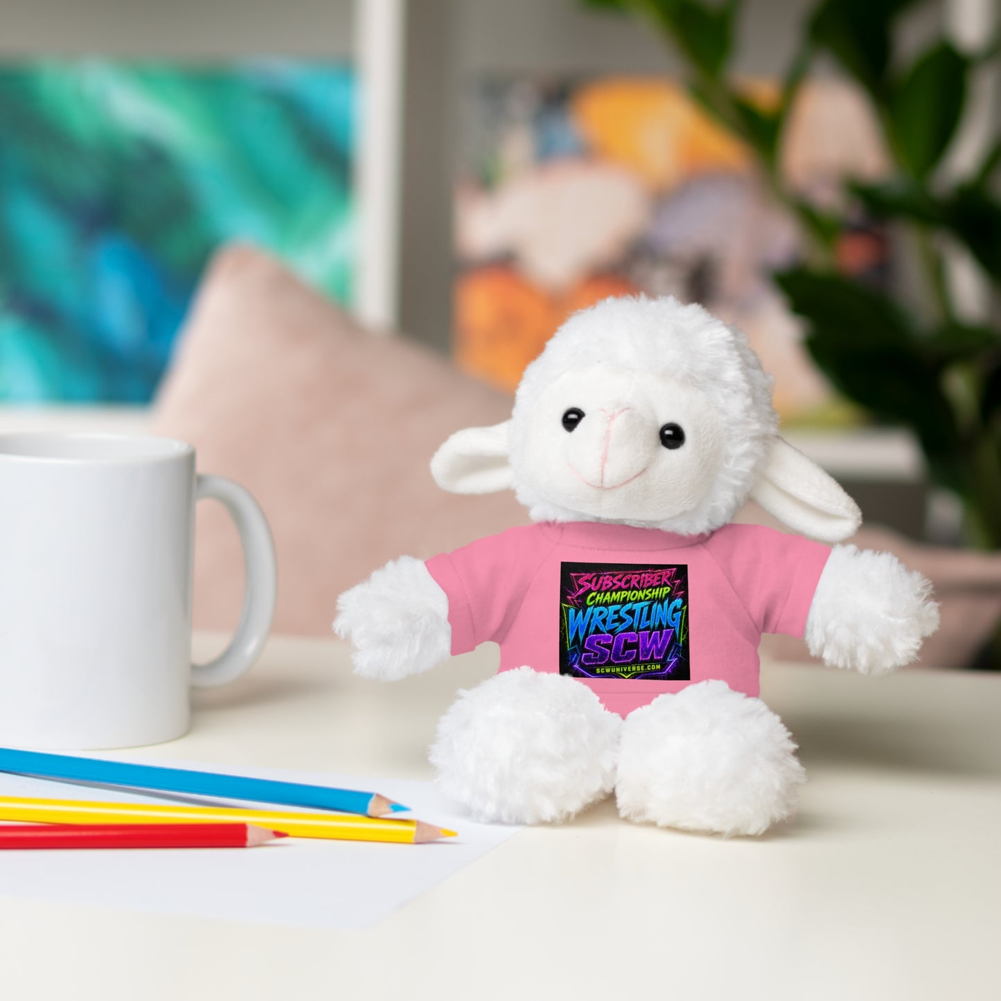 Wrestling Champion Plush Bear with Green Tee — 'Subscriber Championship Wrestling' Graphic