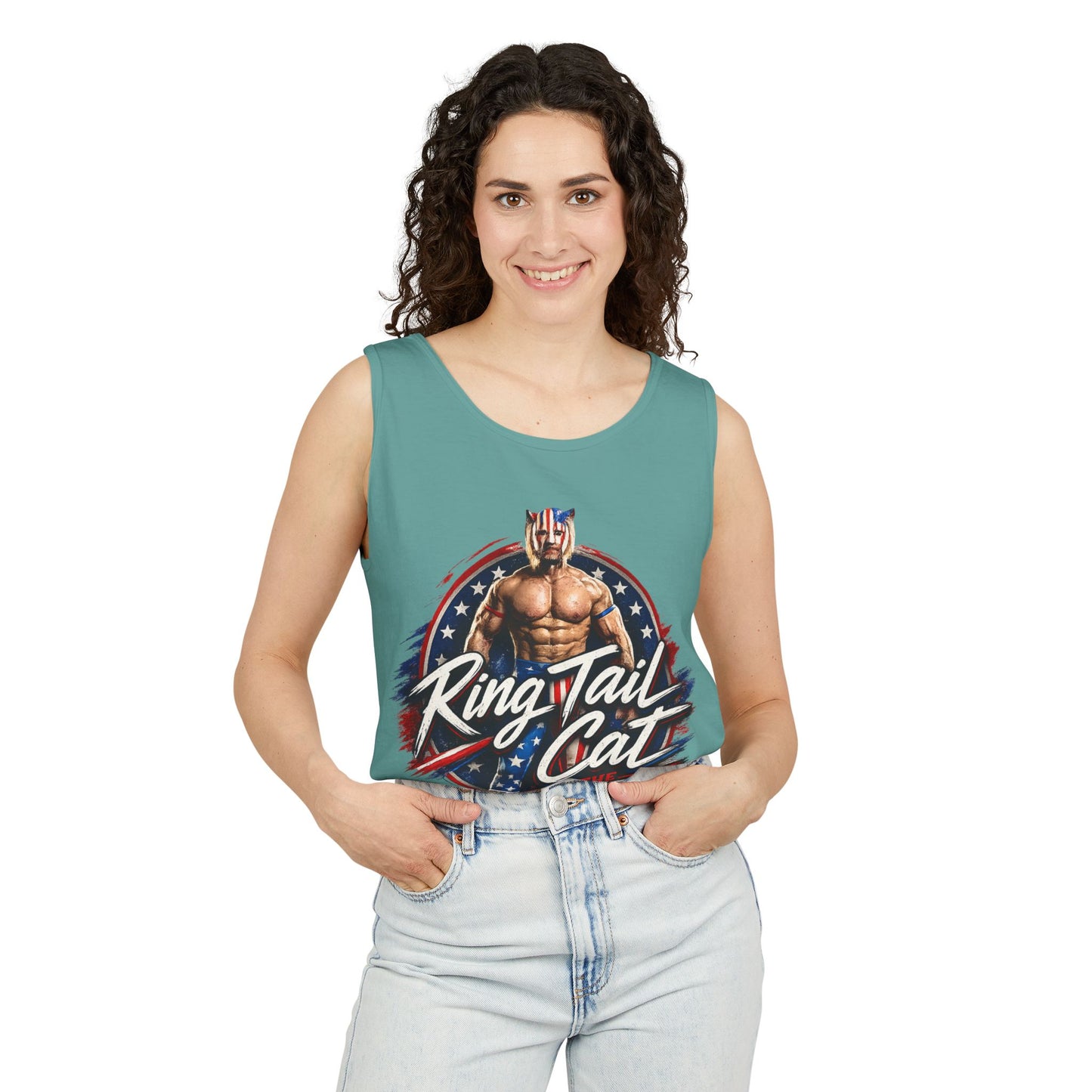 Wrestler 'Ring Tail Cat' Graphic Tank Top – Retro Patriotic Triple Threat Design