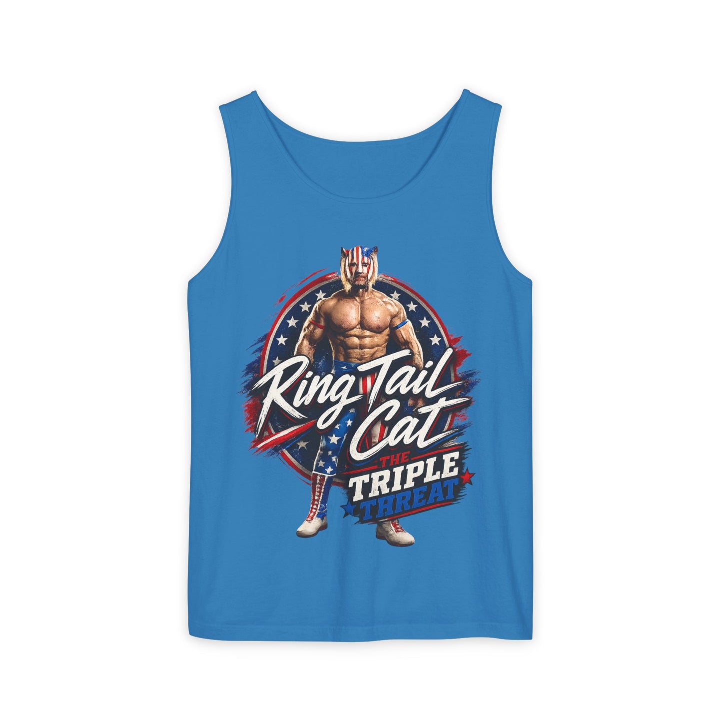 Wrestler 'Ring Tail Cat' Graphic Tank Top – Retro Patriotic Triple Threat Design