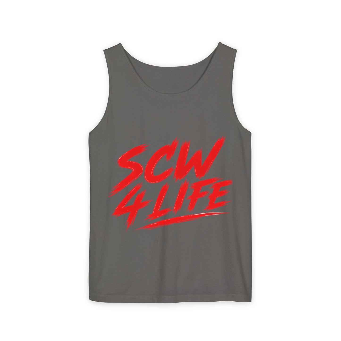 SCW 4 Life Tank Top — Bold Red Brush Script Front & "I’m Fucking Addicted and I Can’t Quit" Back