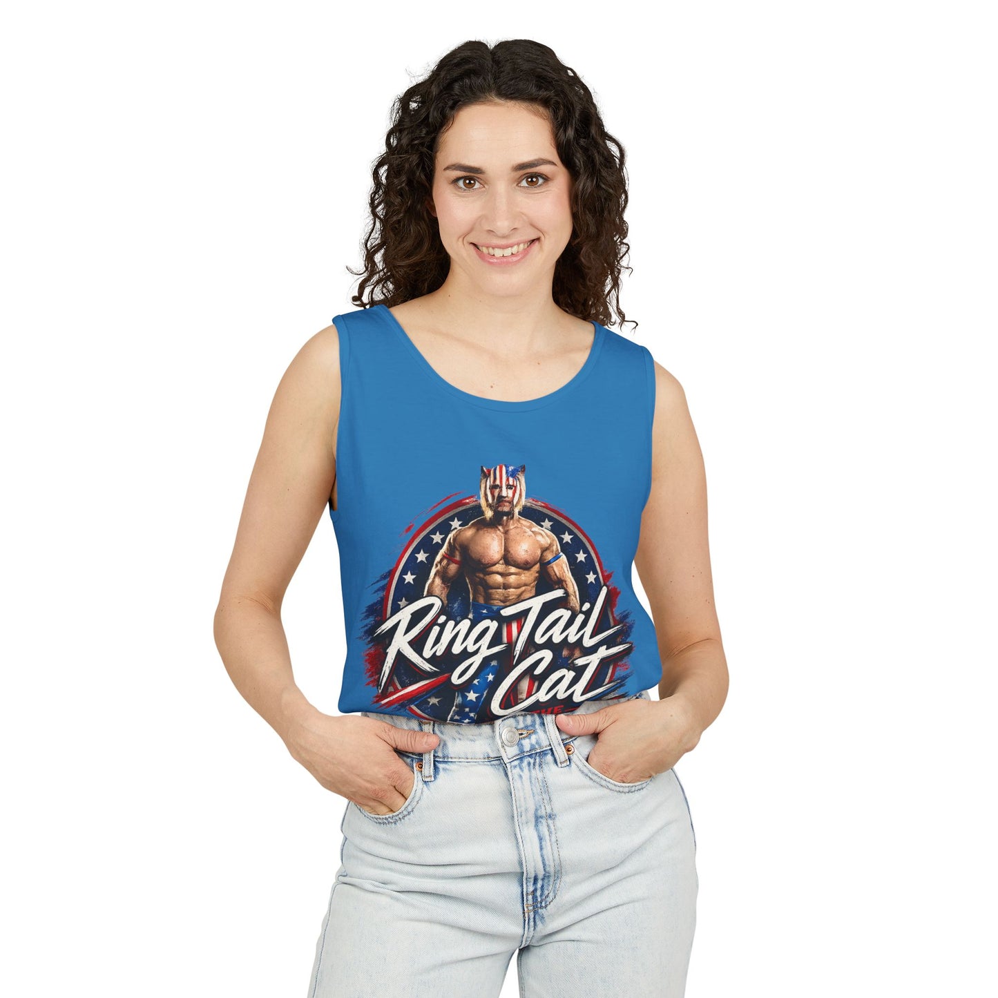 Wrestler 'Ring Tail Cat' Graphic Tank Top – Retro Patriotic Triple Threat Design
