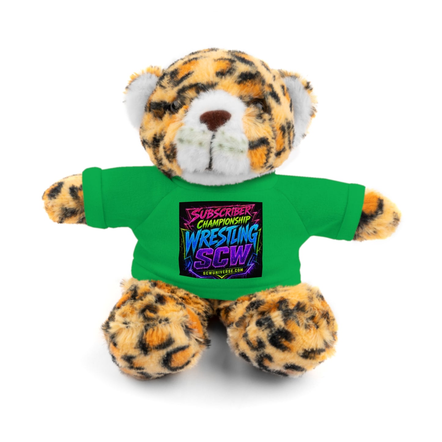 Wrestling Champion Plush Bear with Green Tee — 'Subscriber Championship Wrestling' Graphic