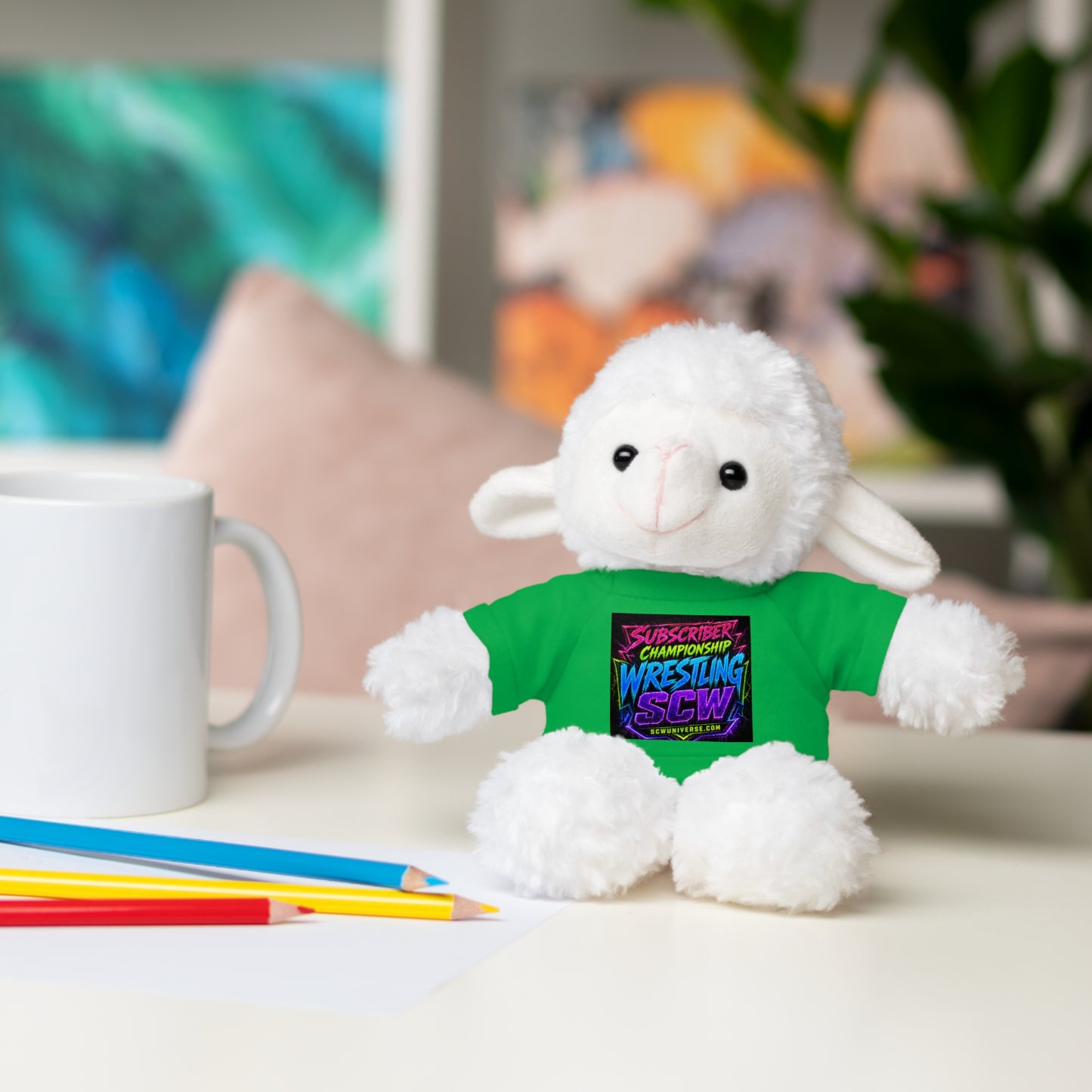 Wrestling Champion Plush Bear with Green Tee — 'Subscriber Championship Wrestling' Graphic