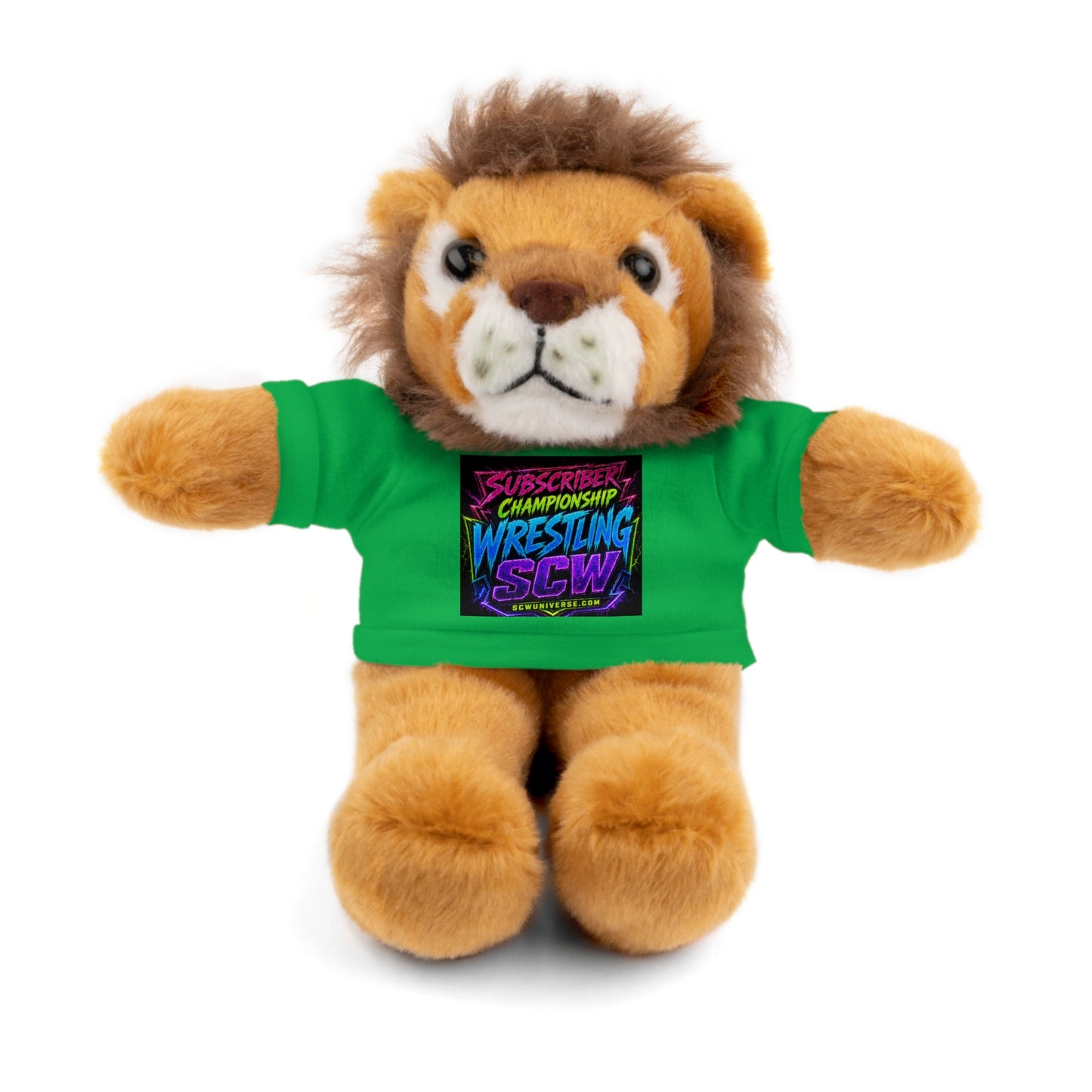 Wrestling Champion Plush Bear with Green Tee — 'Subscriber Championship Wrestling' Graphic