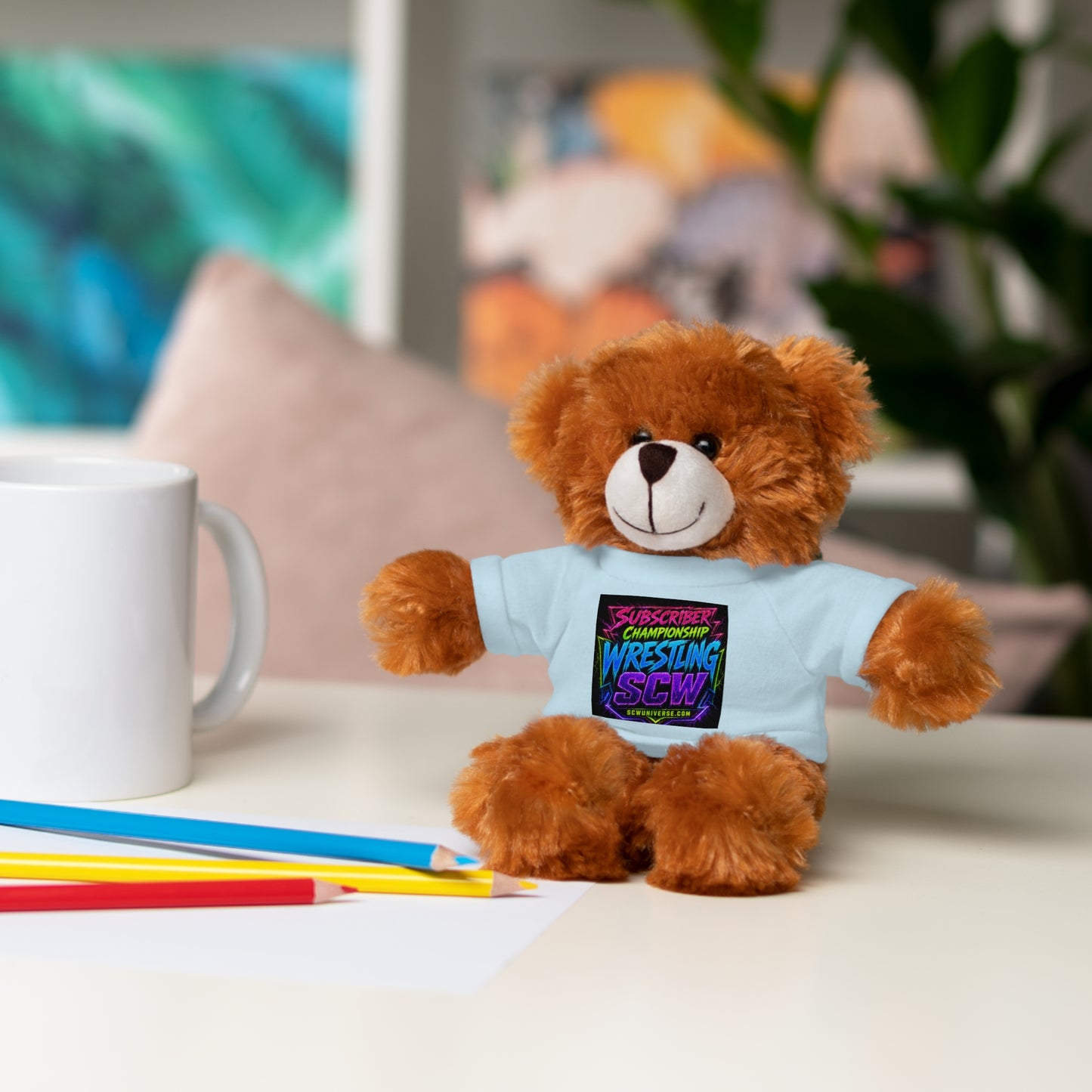 Wrestling Champion Plush Bear with Green Tee — 'Subscriber Championship Wrestling' Graphic