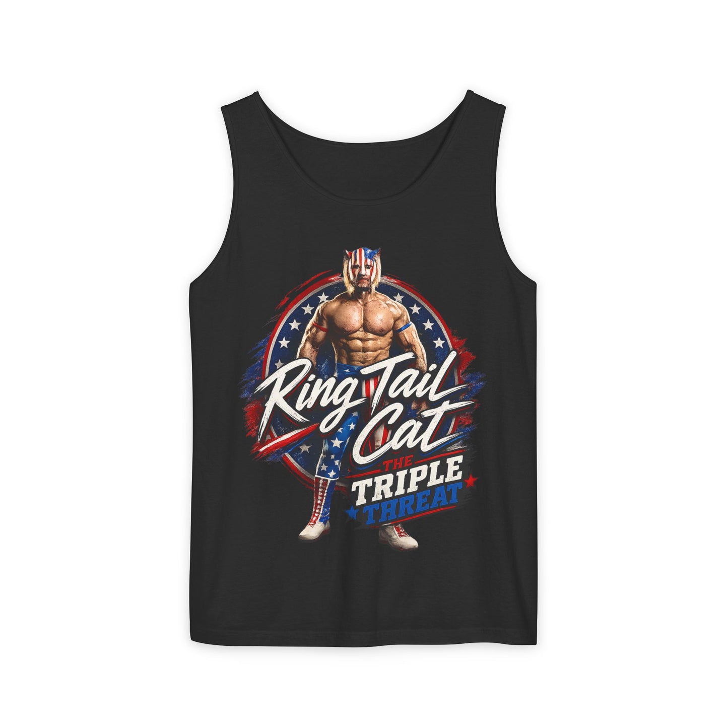Wrestler 'Ring Tail Cat' Graphic Tank Top – Retro Patriotic Triple Threat Design