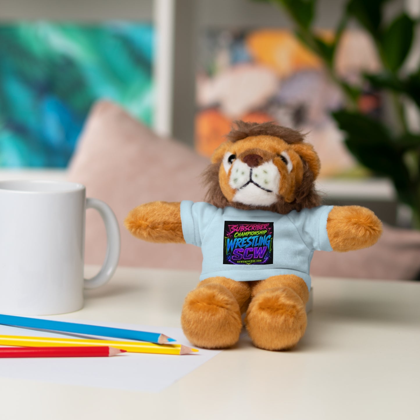 Wrestling Champion Plush Bear with Green Tee — 'Subscriber Championship Wrestling' Graphic