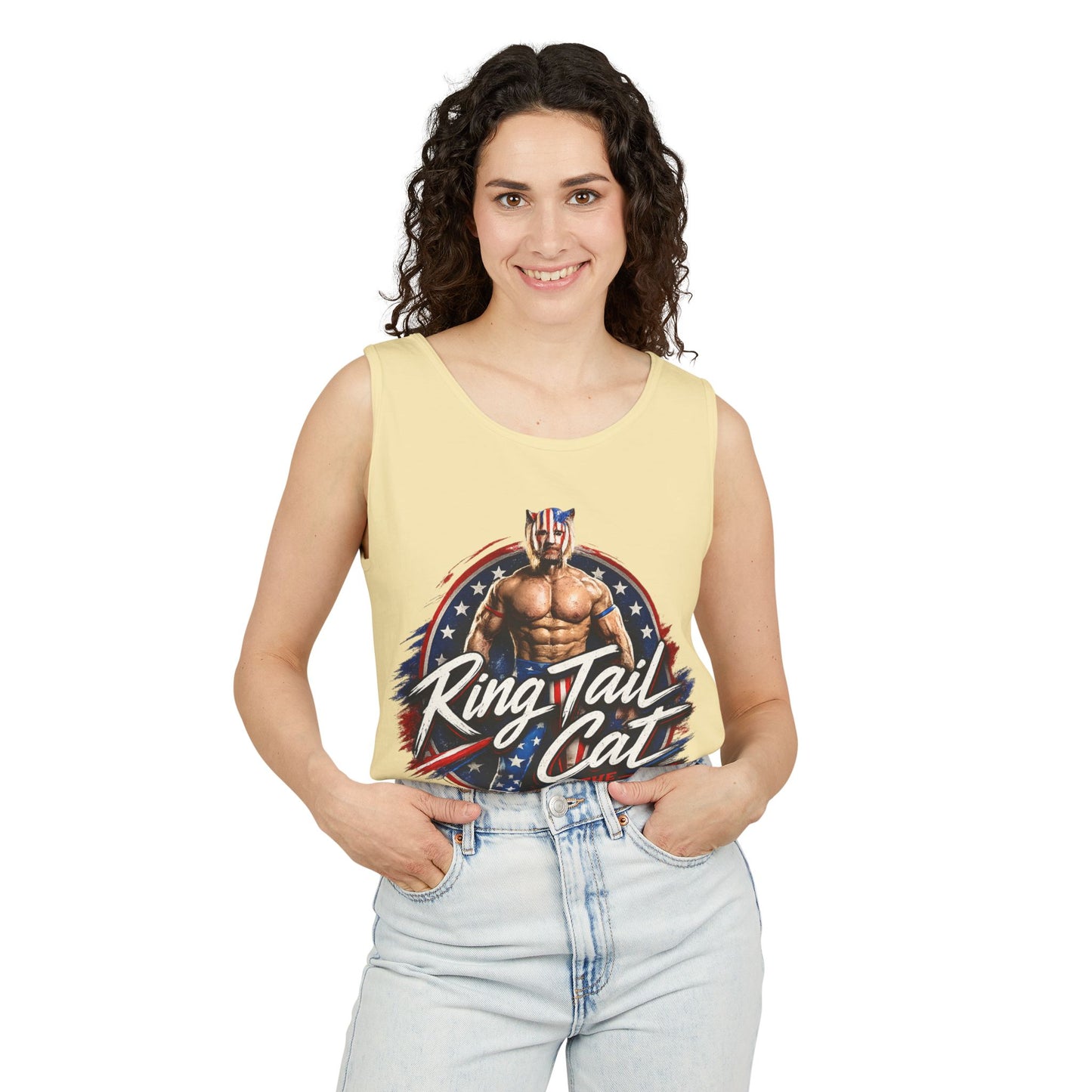 Wrestler 'Ring Tail Cat' Graphic Tank Top – Retro Patriotic Triple Threat Design