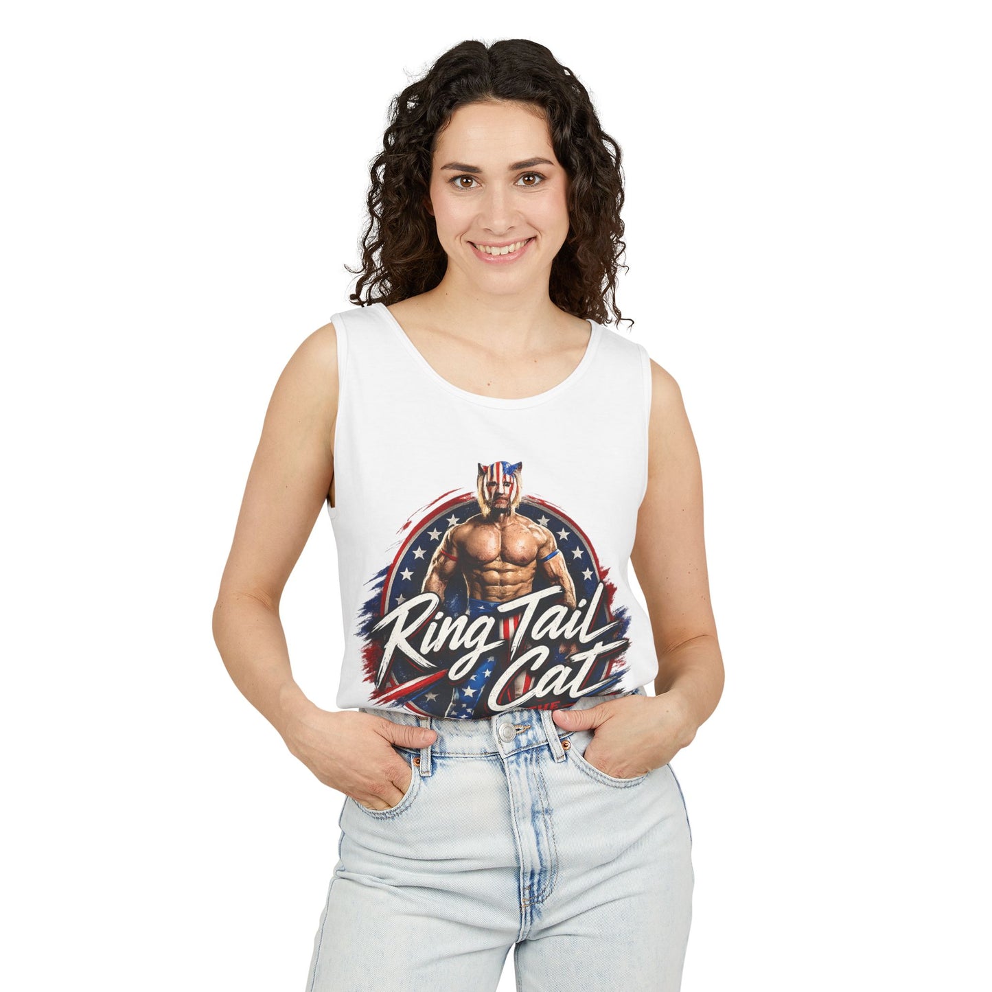 Wrestler 'Ring Tail Cat' Graphic Tank Top – Retro Patriotic Triple Threat Design